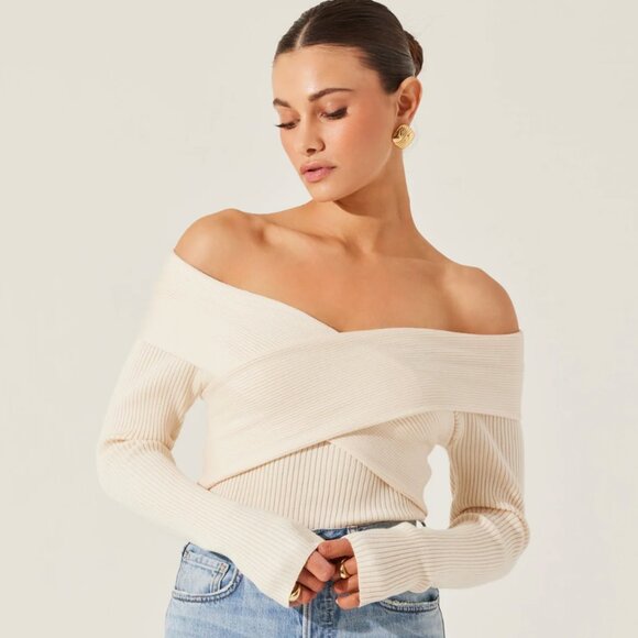 ASTR The Label Off Shoulder Crossover Sweater - Cream White - Picture 1 of 5